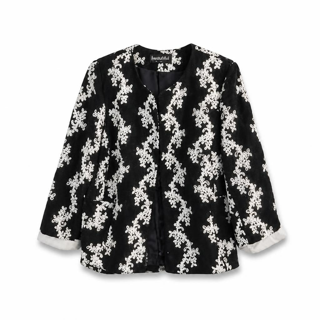 Beautiful black jacket white floral lace embroidery - white studio shot, second-hand at Why Go Less, Dekwaneh, Lebanon