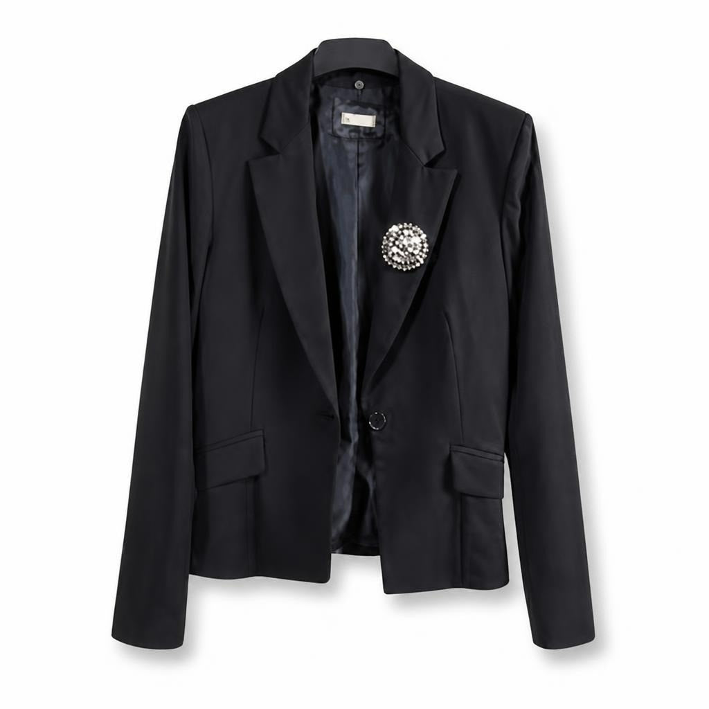 Black blazer with crystal brooch detail, 1-button - white studio shot, second-hand at Why Go Less, Dekwaneh, Lebanon