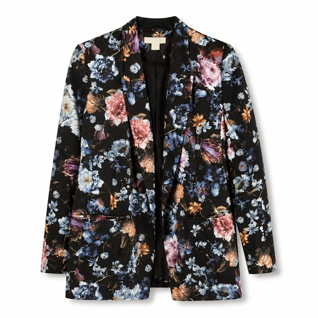 Floral print black blazer, open front - white studio shot, second-hand at Why Go Less, Dekwaneh, Lebanon