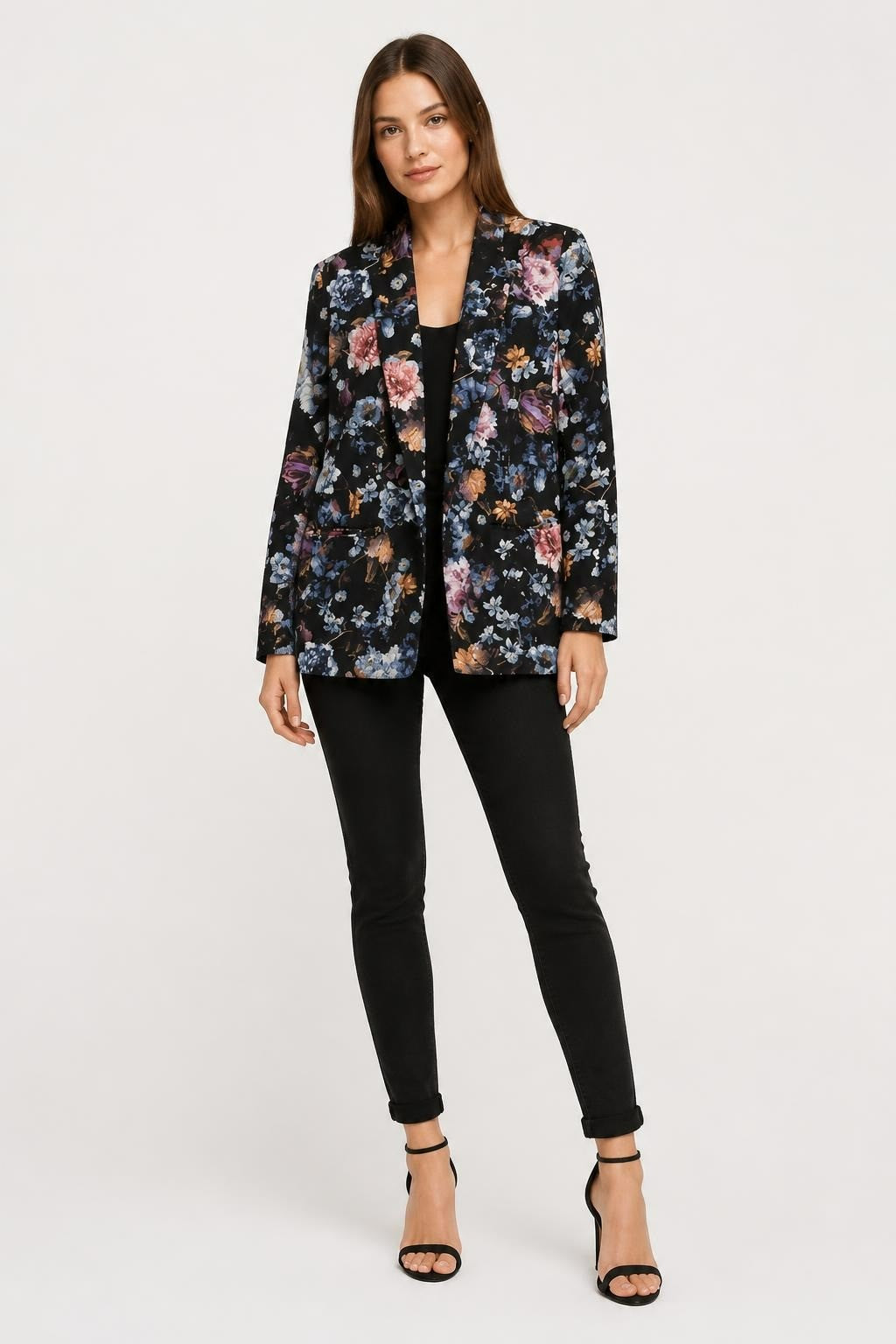 Floral print black blazer, open front | Pre-Loved | Why Go Less