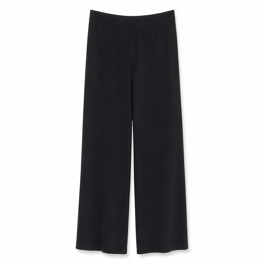 Black wide-leg trousers, pull-on style - white studio shot, second-hand at Why Go Less, Dekwaneh, Lebanon