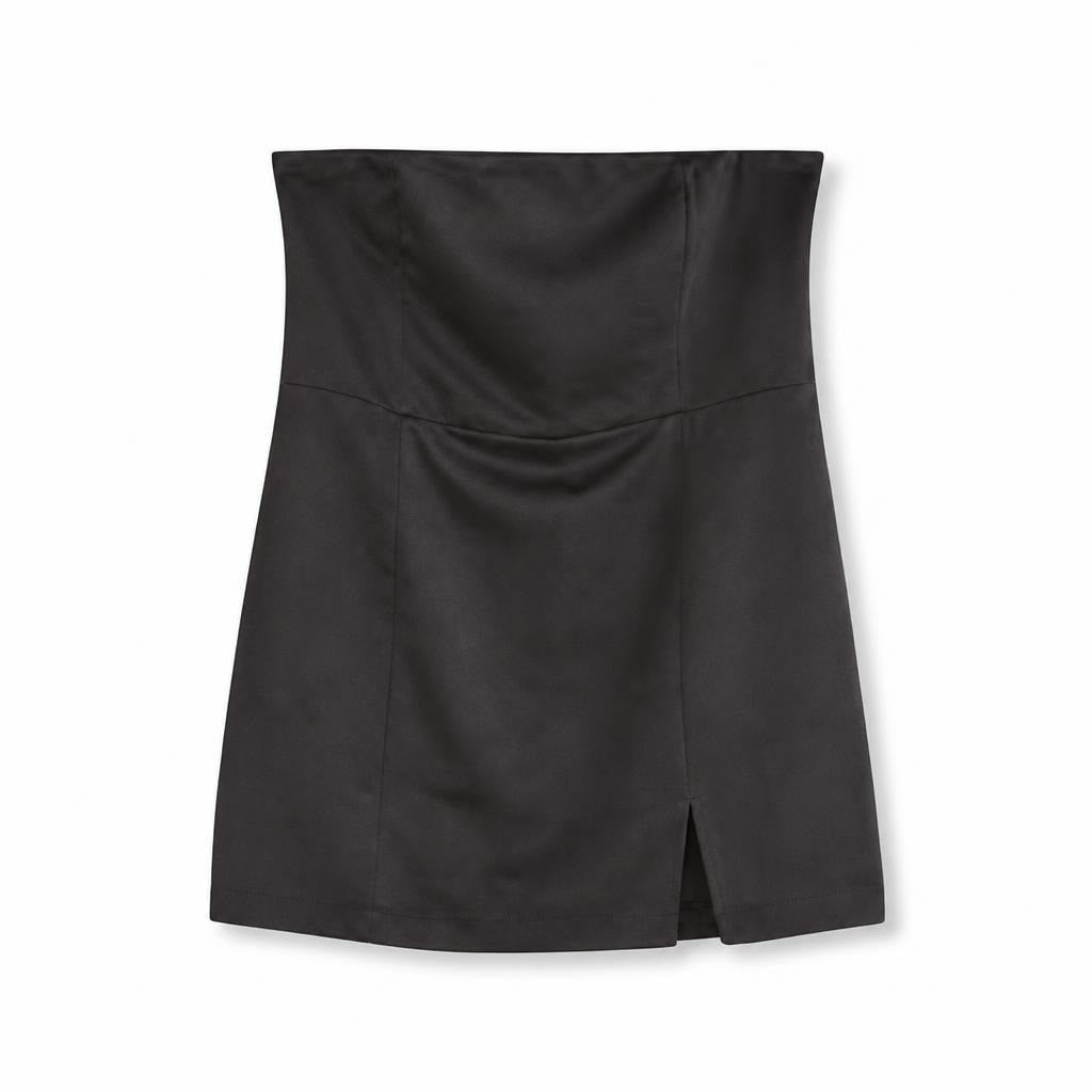 Black high-waist mini skirt with front slit - white studio shot, second-hand at Why Go Less, Dekwaneh, Lebanon