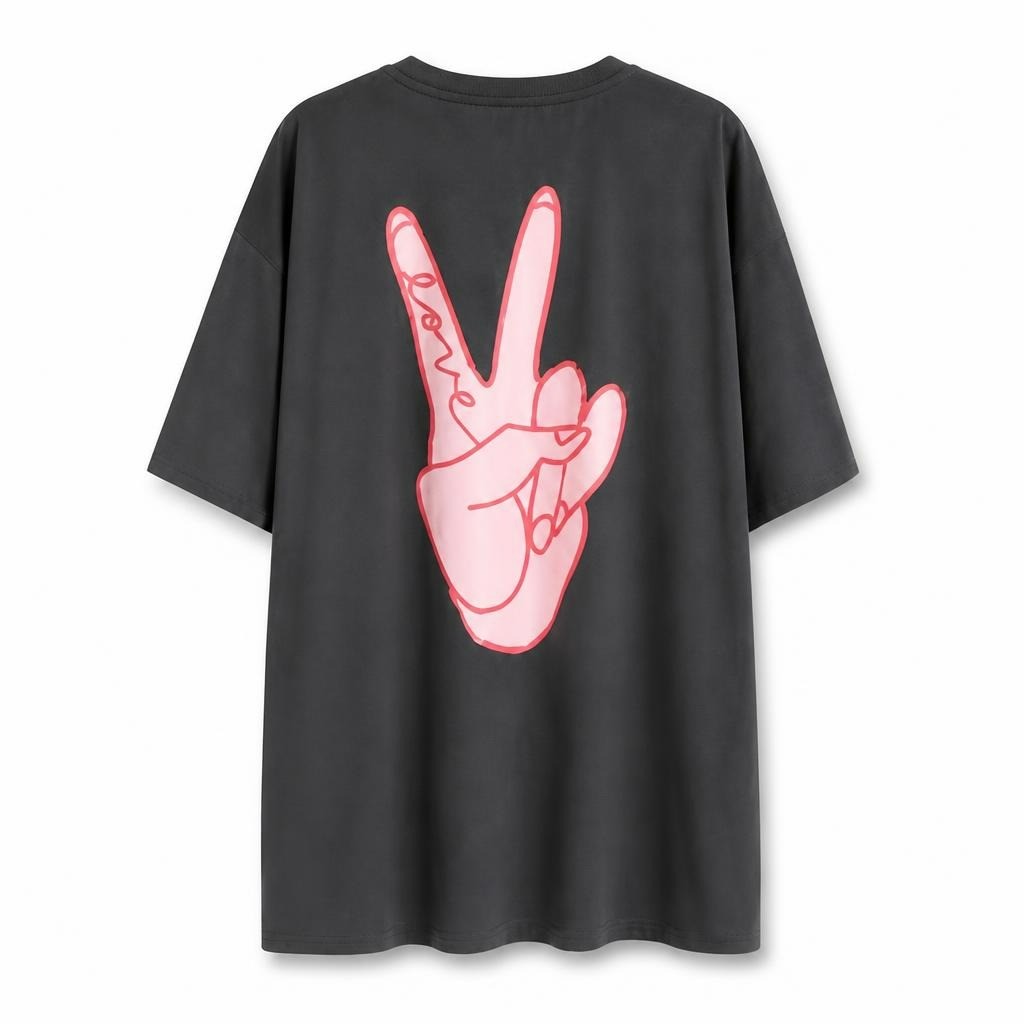 Dark grey oversized graphic tee, peace sign - white studio shot, second-hand at Why Go Less, Dekwaneh, Lebanon