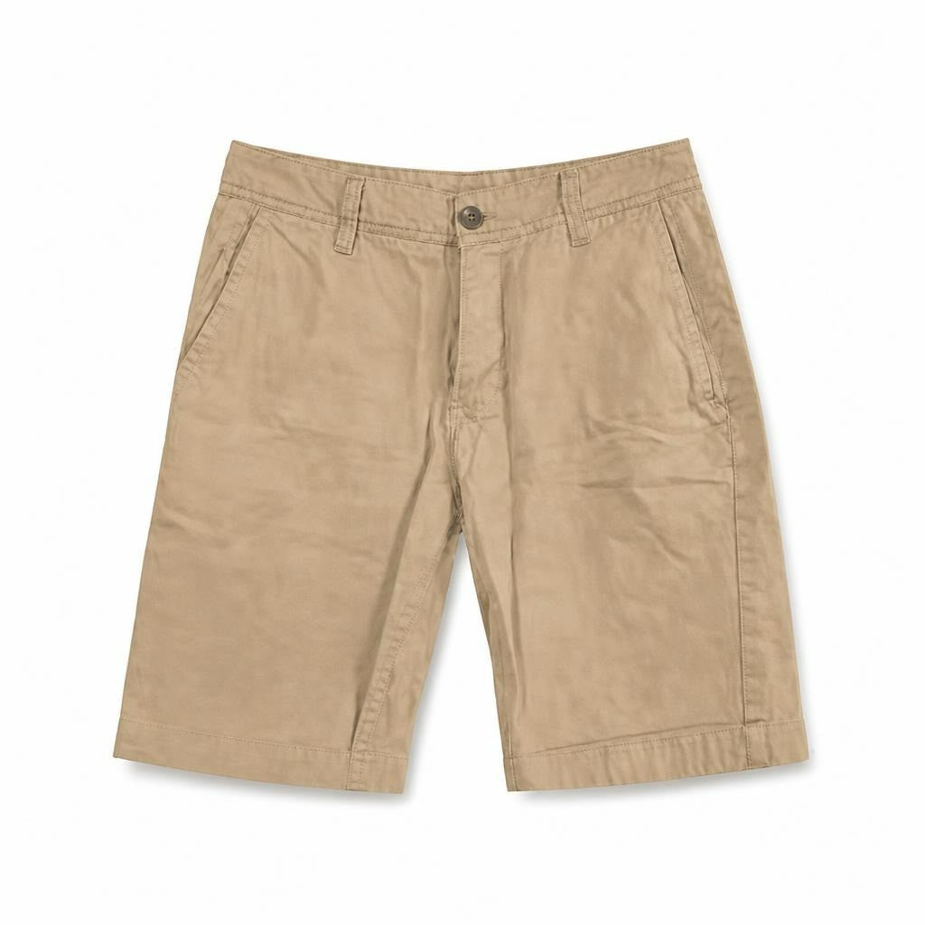 Khaki chino shorts, button closure - white studio shot, second-hand at Why Go Less, Dekwaneh, Lebanon