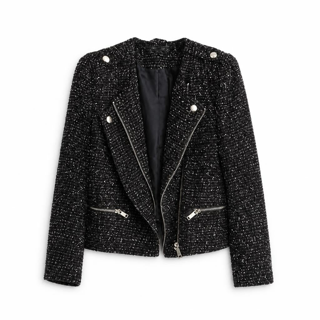 Black sparkle tweed moto jacket, silver hardware - white studio shot, second-hand at Why Go Less, Dekwaneh, Lebanon