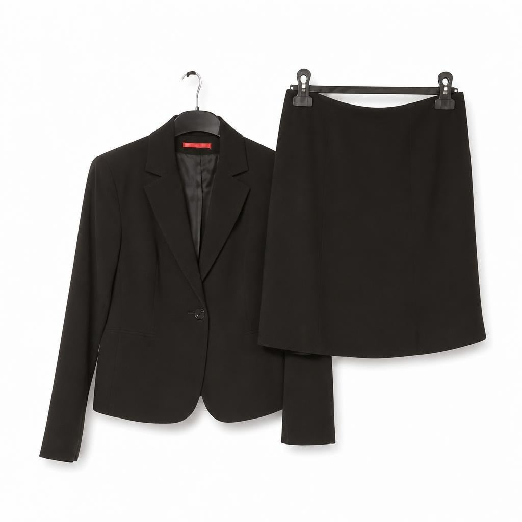 Taupe skirt suit set, blazer and mini skirt - white studio shot, second-hand at Why Go Less, Dekwaneh, Lebanon