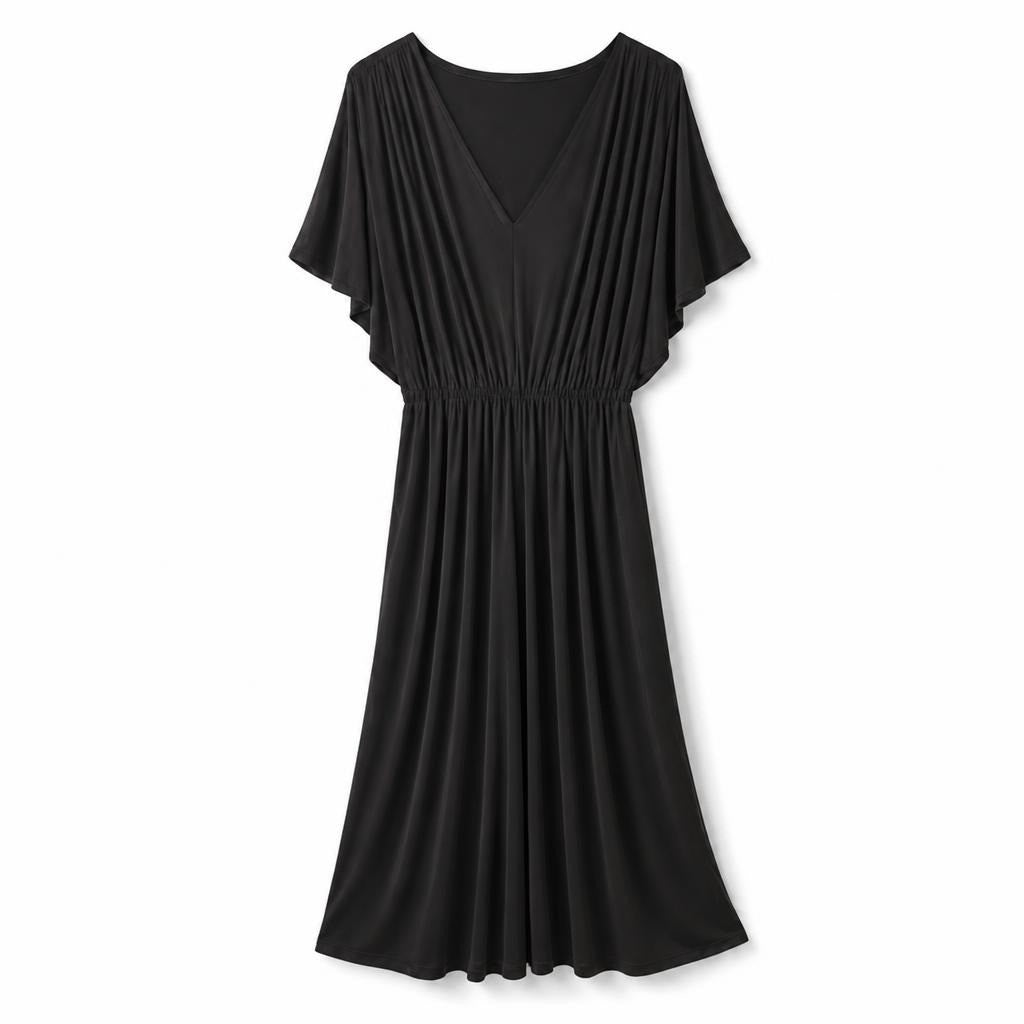 Black flutter-sleeve V-neck overall - white studio shot, second-hand at Why Go Less, Dekwaneh, Lebanon