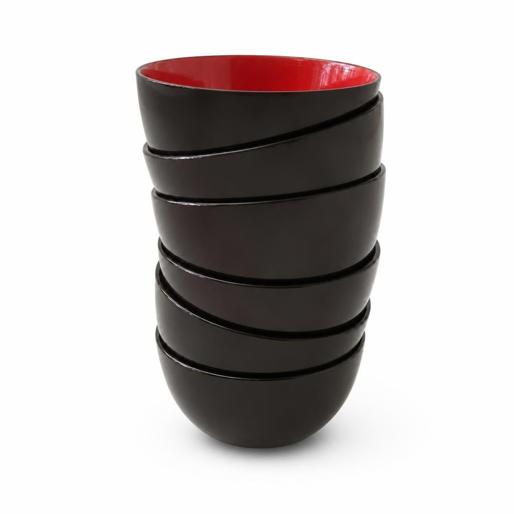 Stack of 5 black and red ceramic bowls - white studio shot, second-hand at Why Go Less, Dekwaneh, Lebanon