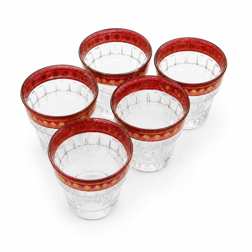 6 clear glass tumblers red & gold star rim - white studio shot, second-hand at Why Go Less, Dekwaneh, Lebanon