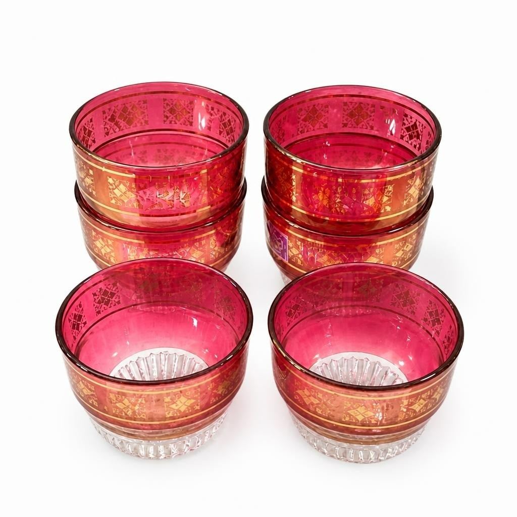 6 pink & gold etched glass tumblers - white studio shot, second-hand at Why Go Less, Dekwaneh, Lebanon