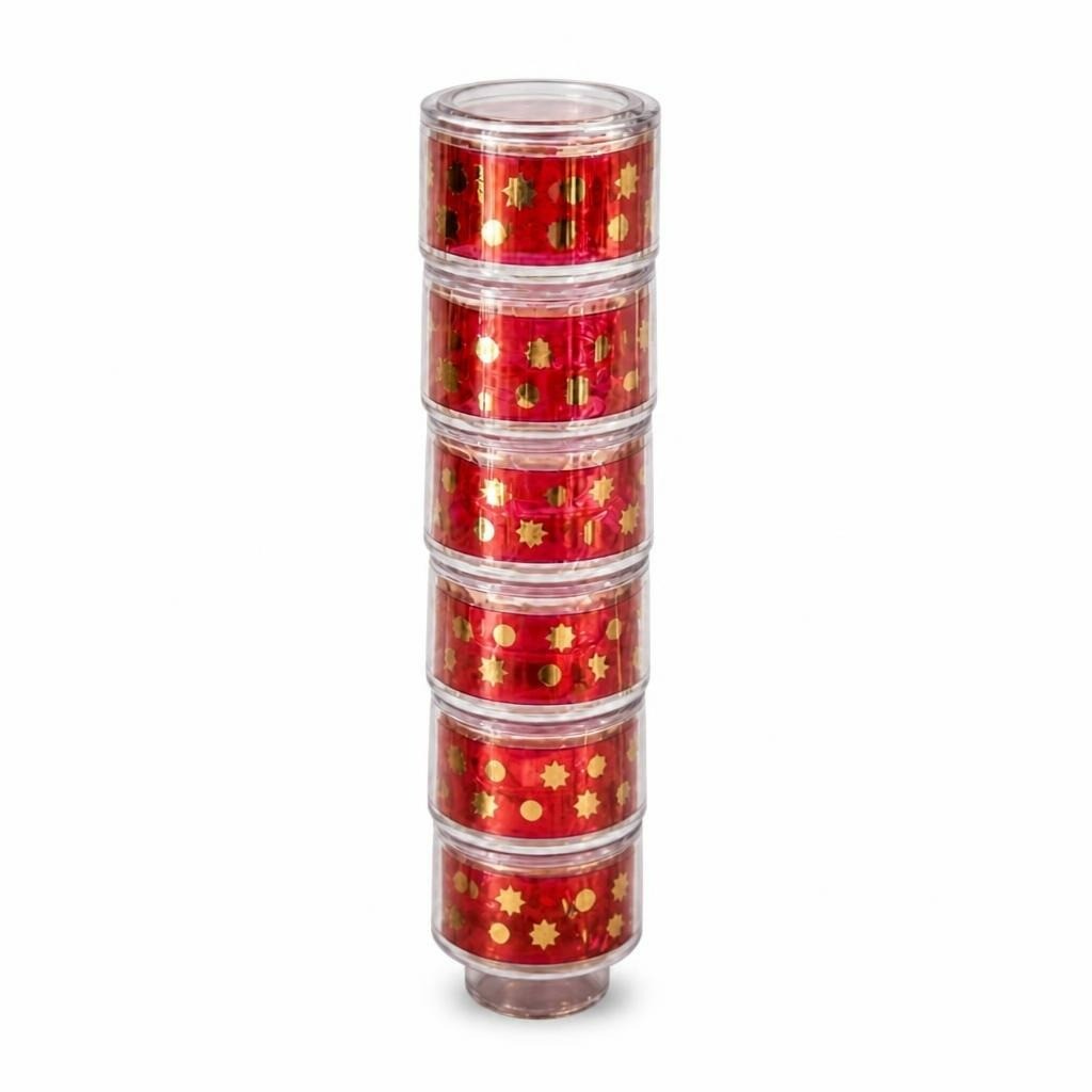 Stack of 6 red & gold star glass tumblers - white studio shot, second-hand at Why Go Less, Dekwaneh, Lebanon