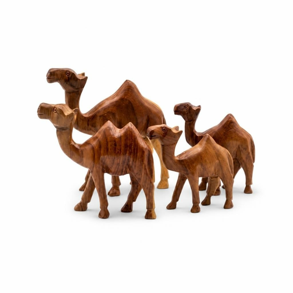 Hand-carved wooden camel figurines set of 4 - white studio shot, second-hand at Why Go Less, Dekwaneh, Lebanon