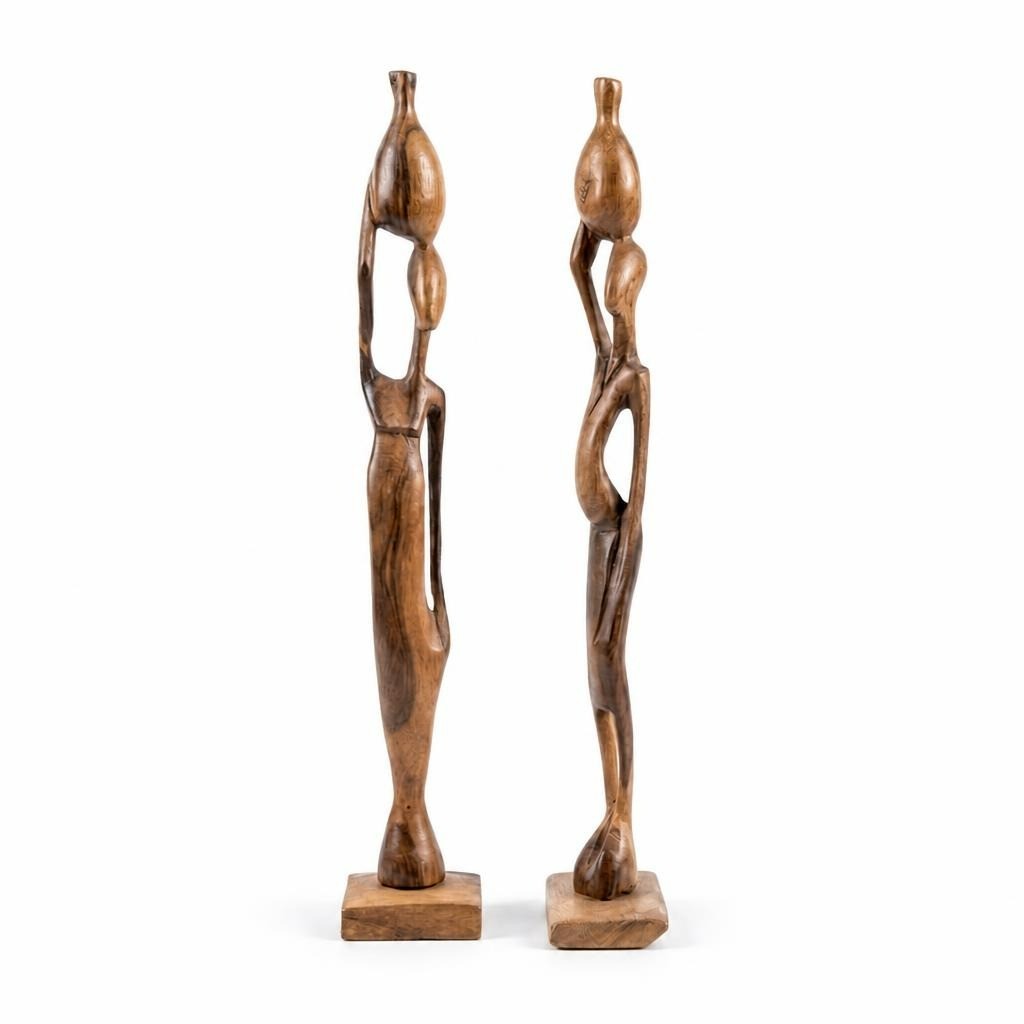 Abstract wood sculpture tall human figures pair - white studio shot, second-hand at Why Go Less, Dekwaneh, Lebanon