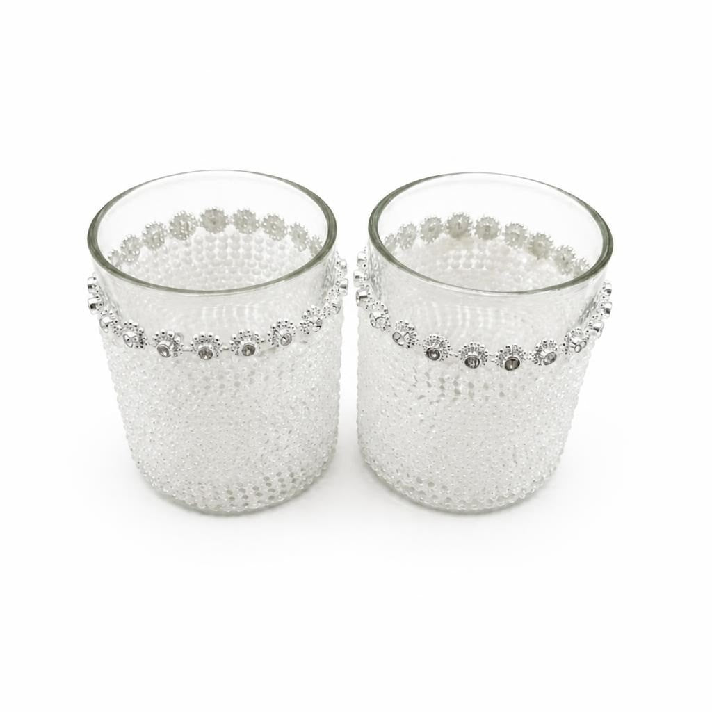 Frosted glass tealight holders with silver bead rim, set - white studio shot, second-hand at Why Go Less, Dekwaneh, Lebanon