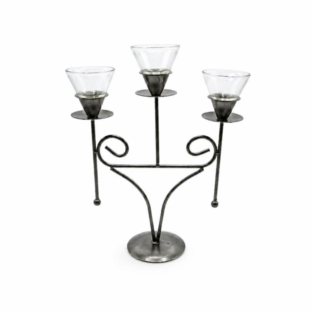 Metal 3-arm candelabra with martini glass votive cups - white studio shot, second-hand at Why Go Less, Dekwaneh, Lebanon