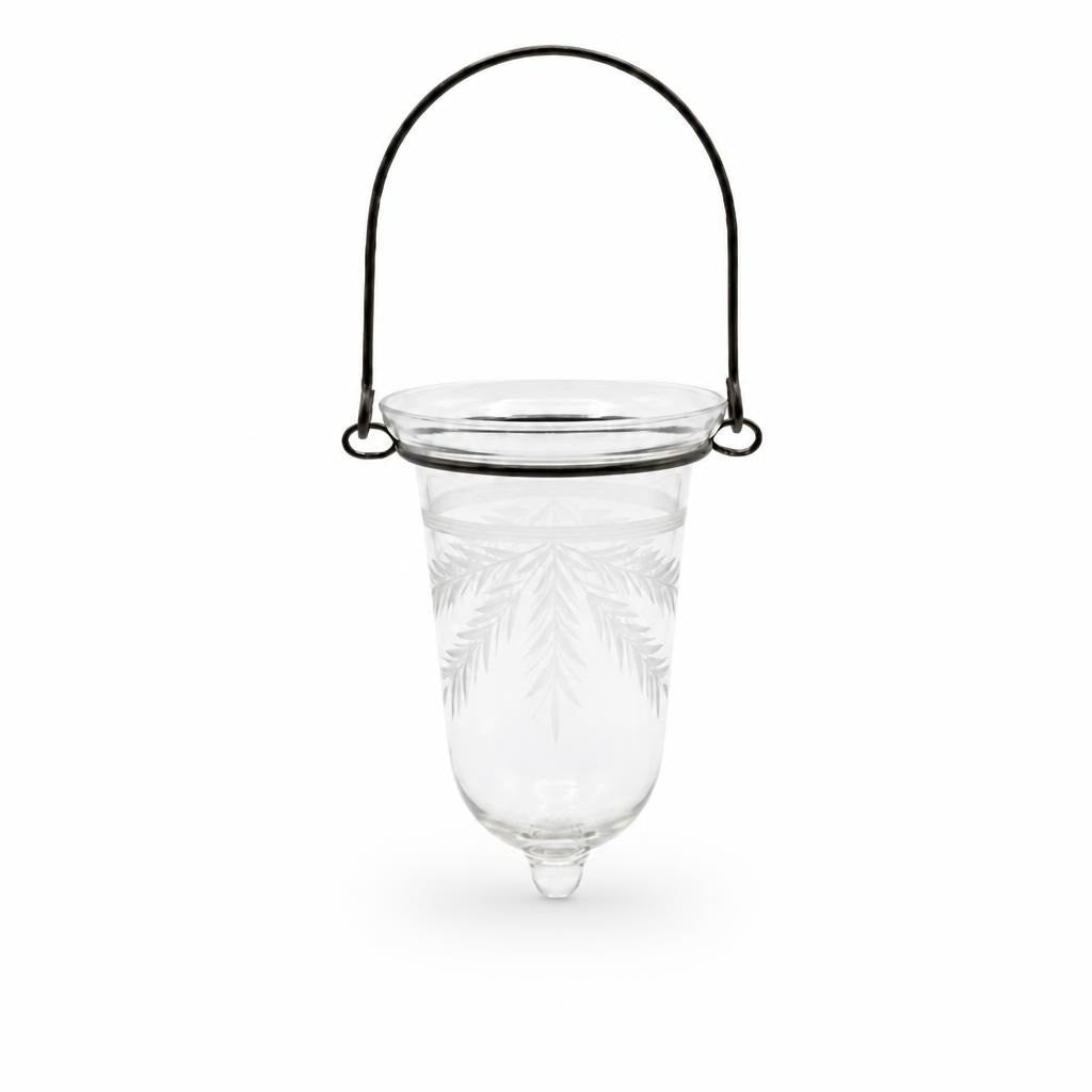 Clear etched glass votive with wire handle - white studio shot, second-hand at Why Go Less, Dekwaneh, Lebanon