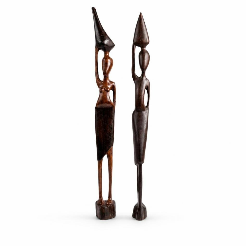 Carved wood African figurines set of 2, tall slim - white studio shot, second-hand at Why Go Less, Dekwaneh, Lebanon