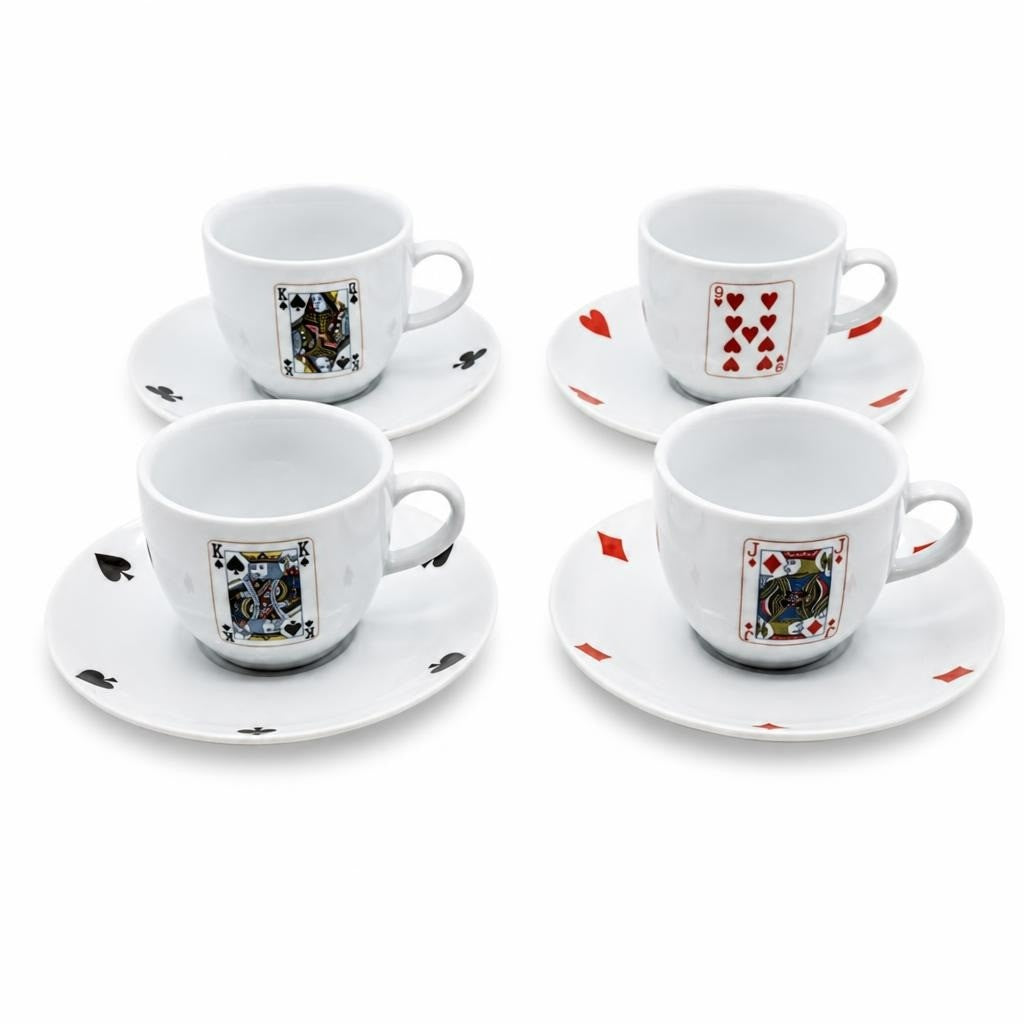 Playing card espresso cup & saucer set x4 - white studio shot, second-hand at Why Go Less, Dekwaneh, Lebanon