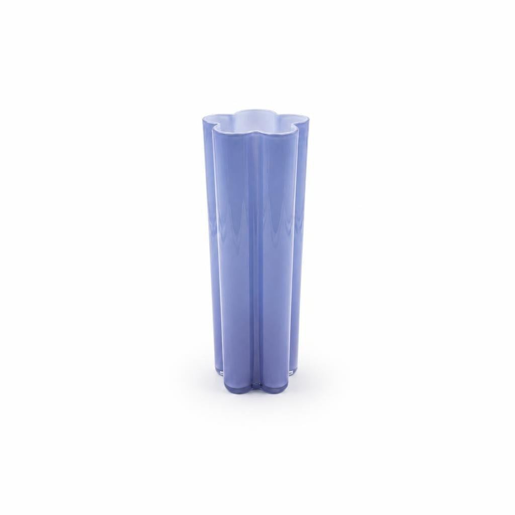 Blue frosted wavy glass flower vase, medium - white studio shot, second-hand at Why Go Less, Dekwaneh, Lebanon