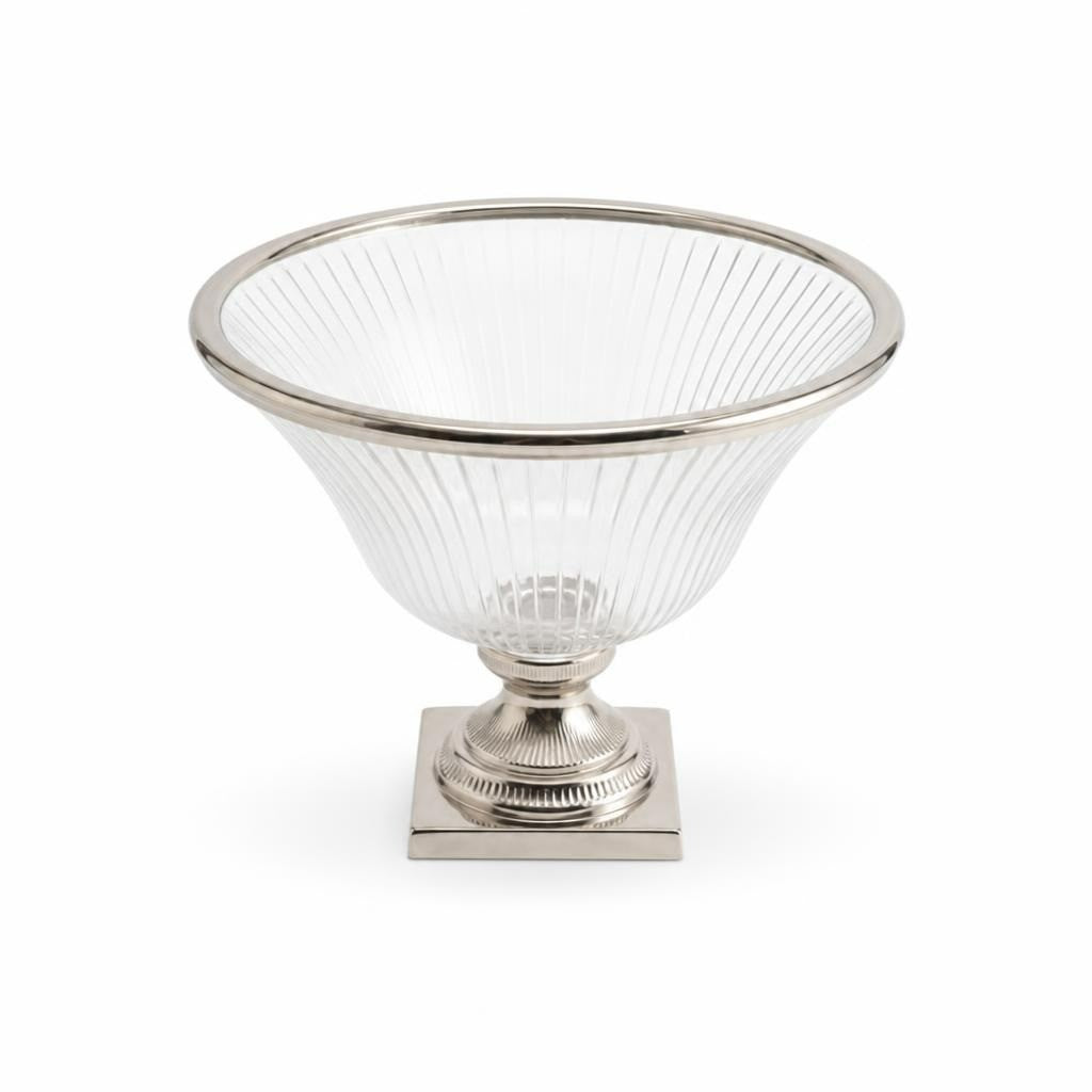 Ribbed glass pedestal bowl, silver metal base - white studio shot, second-hand at Why Go Less, Dekwaneh, Lebanon