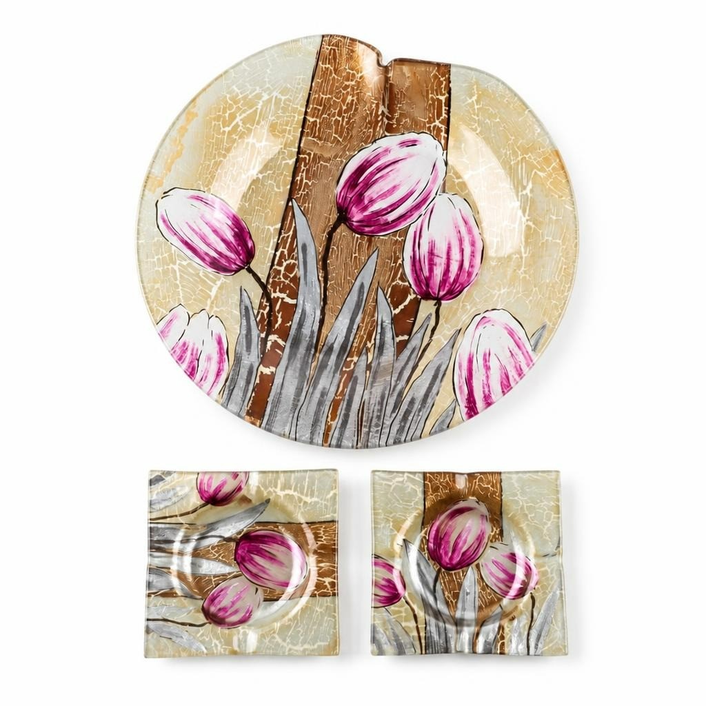 Tulip painted glass plate & 2 coaster set - white studio shot, second-hand at Why Go Less, Dekwaneh, Lebanon