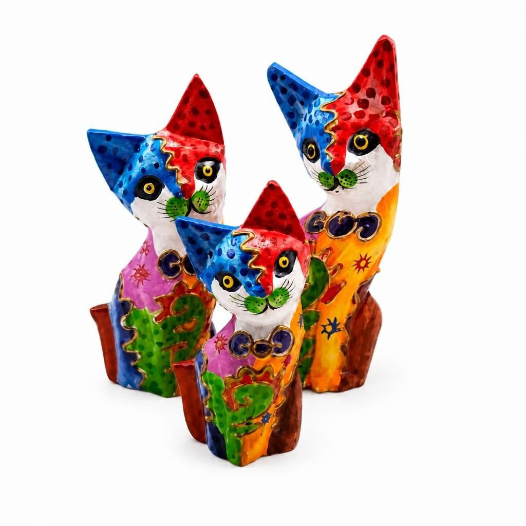 Colorful hand-painted wooden cat figurines set of 3 - white studio shot, second-hand at Why Go Less, Dekwaneh, Lebanon
