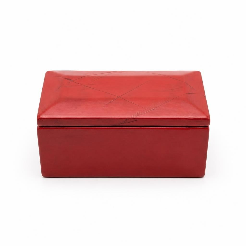 Red lacquered wooden hinged trinket box - white studio shot, second-hand at Why Go Less, Dekwaneh, Lebanon