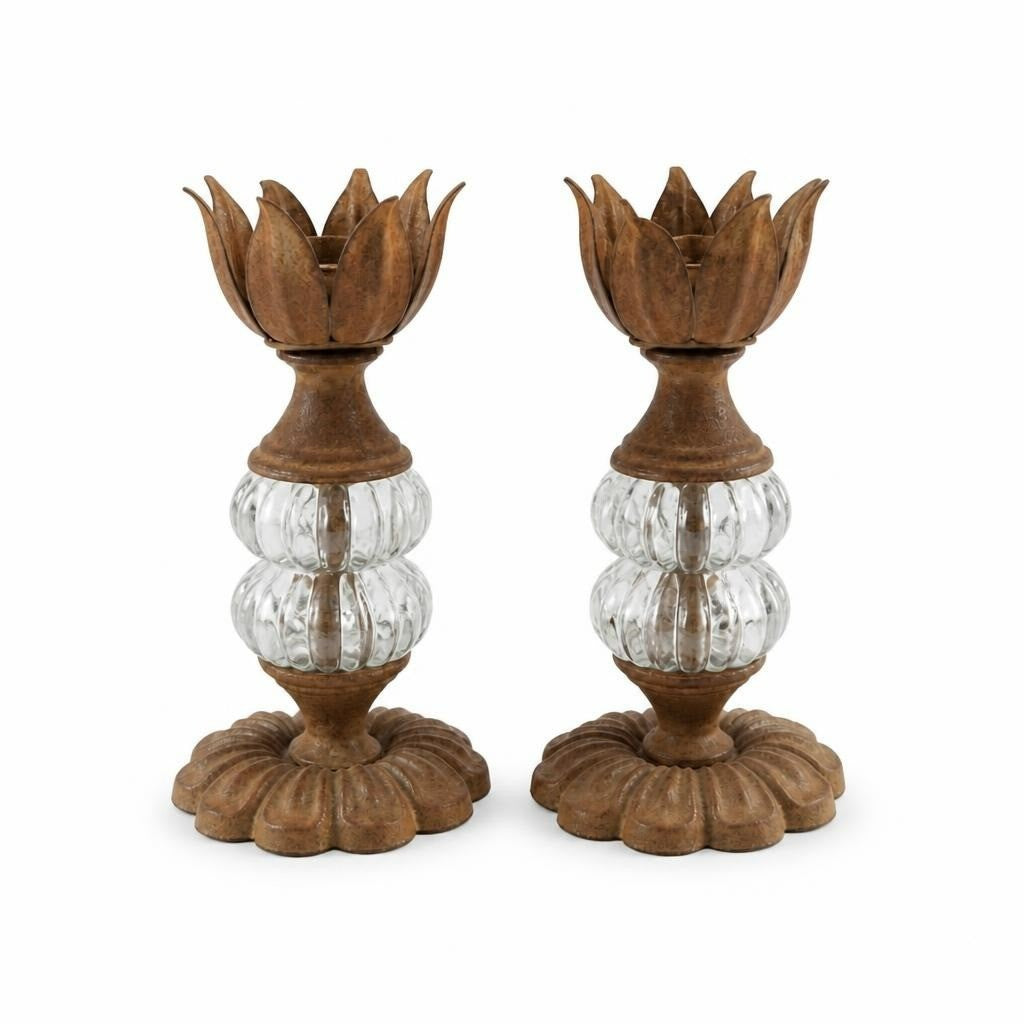 Pair brass and glass lotus flower candle holders - white studio shot, second-hand at Why Go Less, Dekwaneh, Lebanon