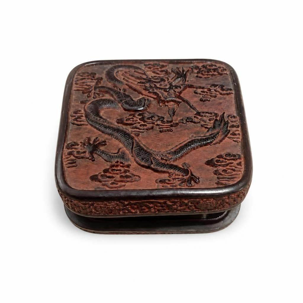 Chinese carved dragon cinnabar-style lacquer box - white studio shot, second-hand at Why Go Less, Dekwaneh, Lebanon
