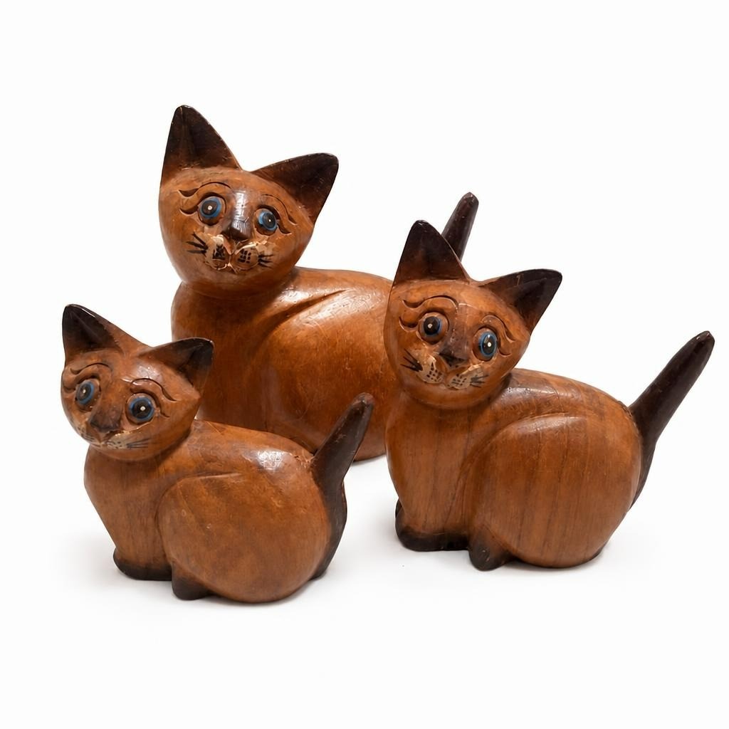 Wooden carved cat figurines set of 3, brown - white studio shot, second-hand at Why Go Less, Dekwaneh, Lebanon