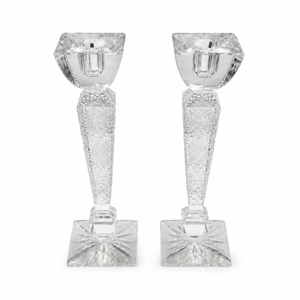 Crystal glass candlestick holders pair, clear - white studio shot, second-hand at Why Go Less, Dekwaneh, Lebanon