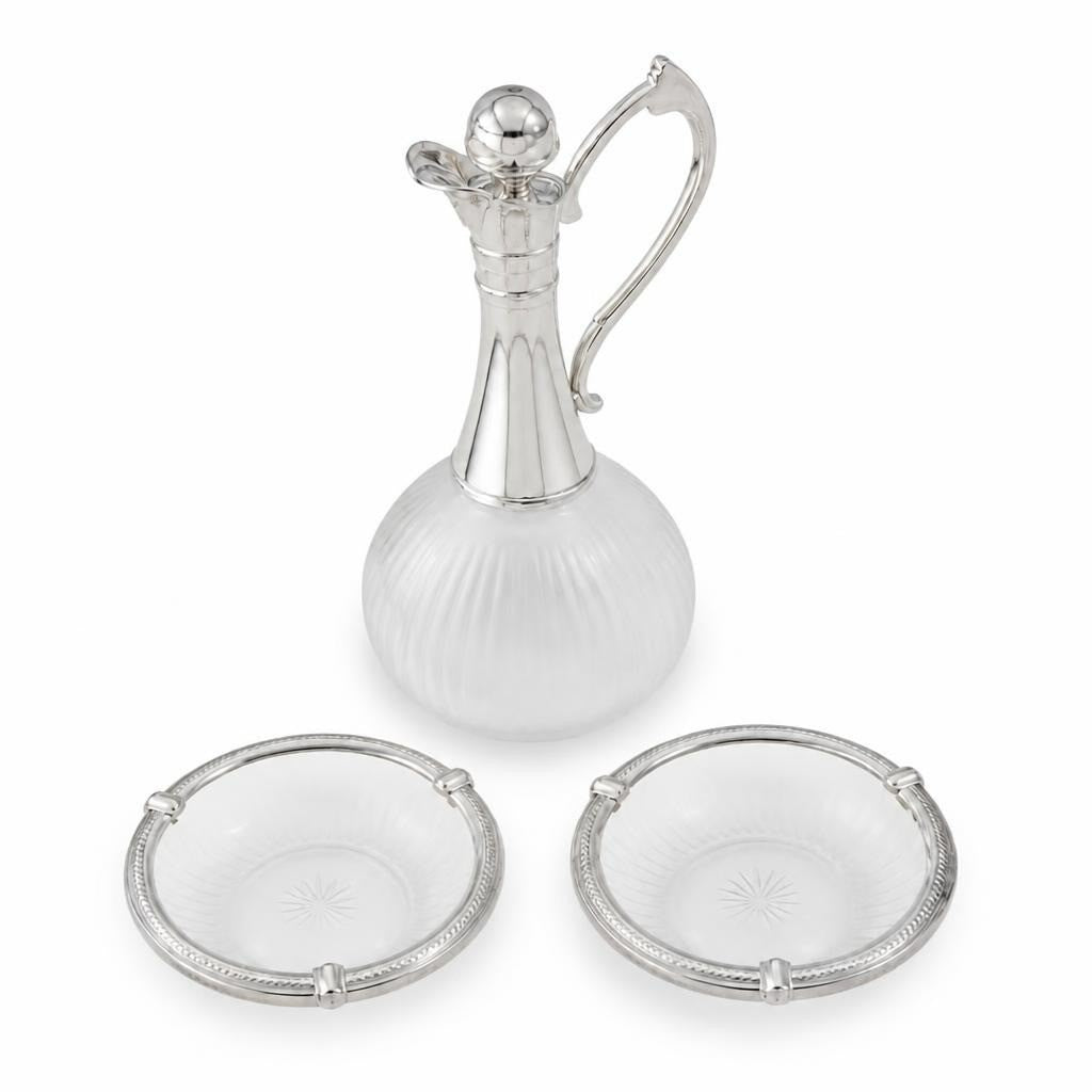 Silver-plated glass decanter with 2 ashtrays set - white studio shot, second-hand at Why Go Less, Dekwaneh, Lebanon