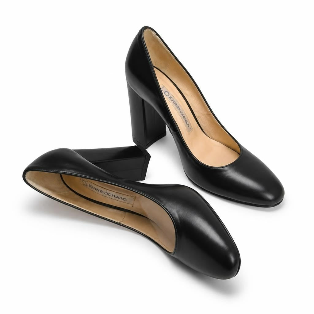 Essedonna black leather block heel pumps - white studio shot, second-hand at Why Go Less, Dekwaneh, Lebanon