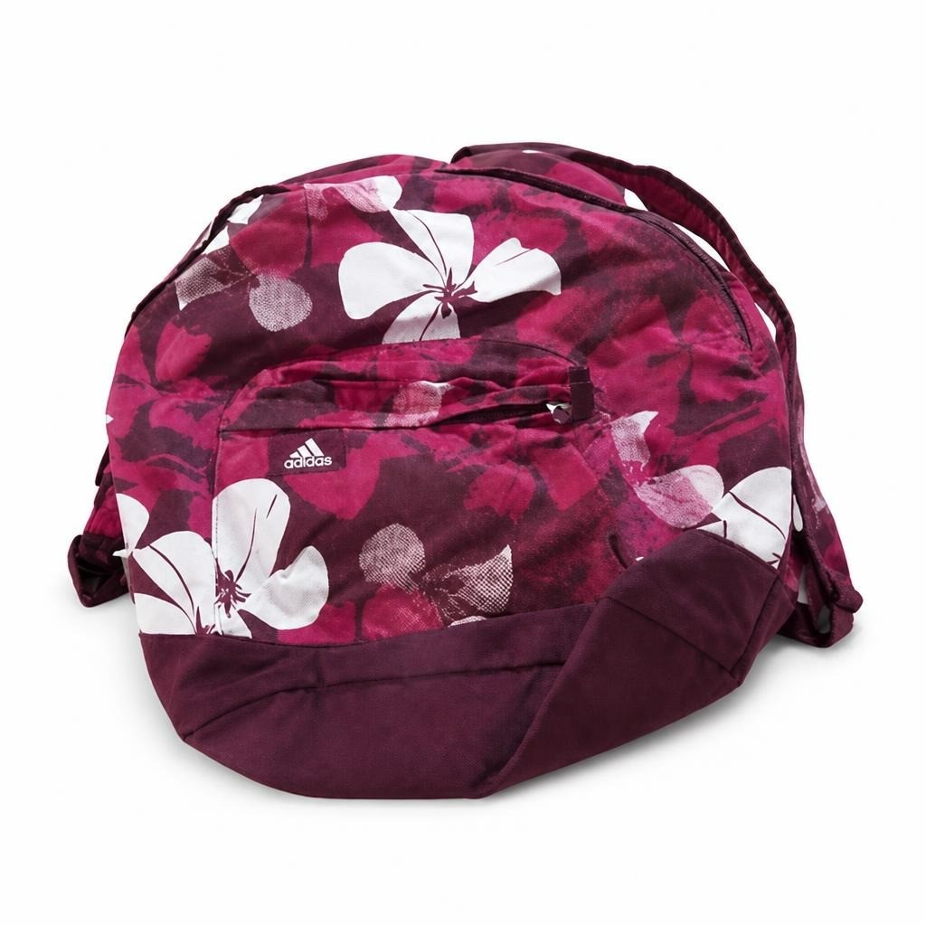 Adidas floral burgundy backpack, medium - white studio shot, second-hand at Why Go Less, Dekwaneh, Lebanon