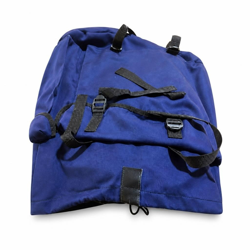 Blue tactical backpack with buckle straps - white studio shot, second-hand at Why Go Less, Dekwaneh, Lebanon