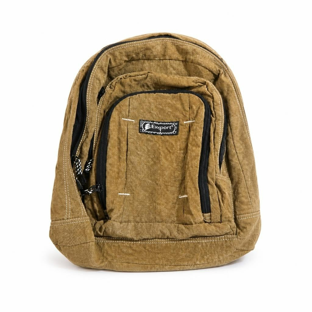 Exsport brown corduroy multi-pocket backpack - white studio shot, second-hand at Why Go Less, Dekwaneh, Lebanon