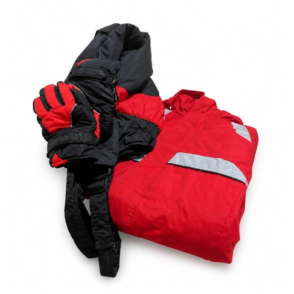 Red and black ski snow suit with gloves - white studio shot, second-hand at Why Go Less, Dekwaneh, Lebanon