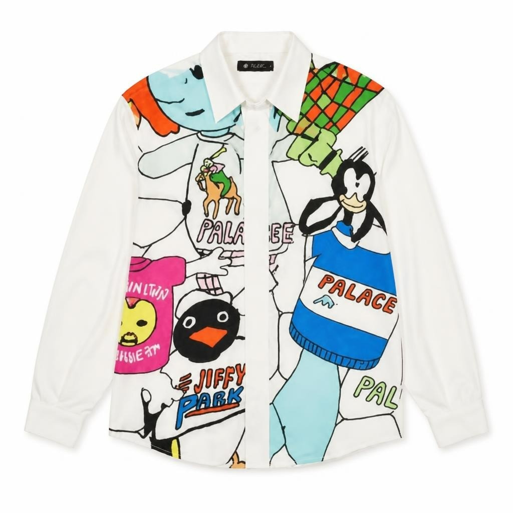 Graphic print white button-up shirt, cartoon art - white studio shot, second-hand at Why Go Less, Dekwaneh, Lebanon