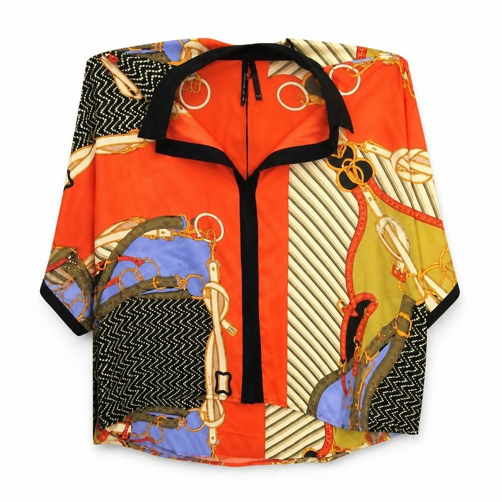 Orange chain print satin blouse, new with tags - white studio shot, second-hand at Why Go Less, Dekwaneh, Lebanon
