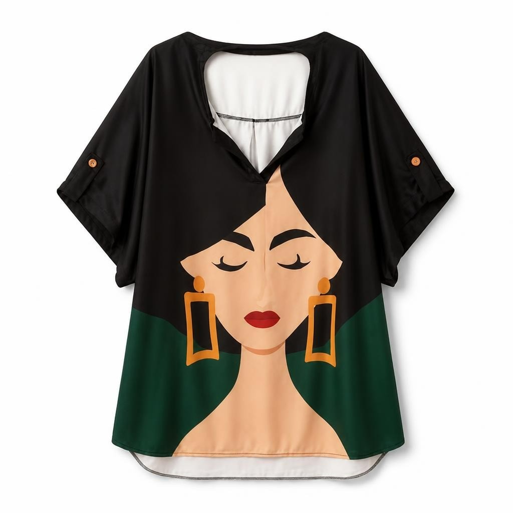 Black satin top with woman face graphic print - white studio shot, second-hand at Why Go Less, Dekwaneh, Lebanon