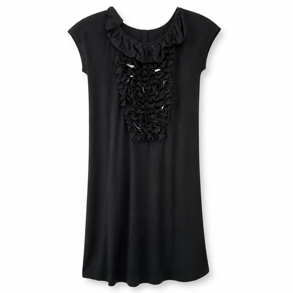 Black ruffle bib sleeveless cocktail dress - white studio shot, second-hand at Why Go Less, Dekwaneh, Lebanon