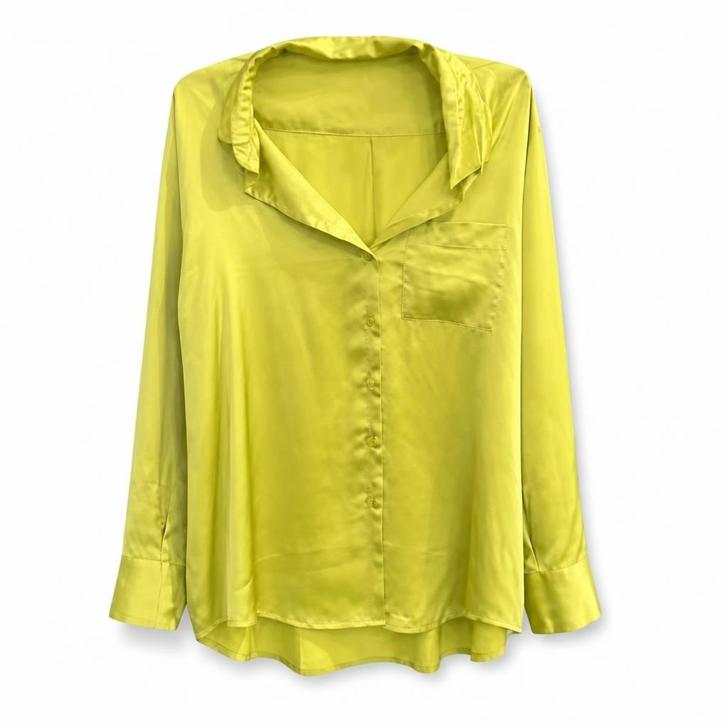 Lime green satin long-sleeve button-up shirt - white studio shot, second-hand at Why Go Less, Dekwaneh, Lebanon