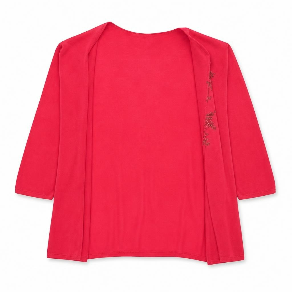 Coral red knit top with gold star embellishments - white studio shot, second-hand at Why Go Less, Dekwaneh, Lebanon