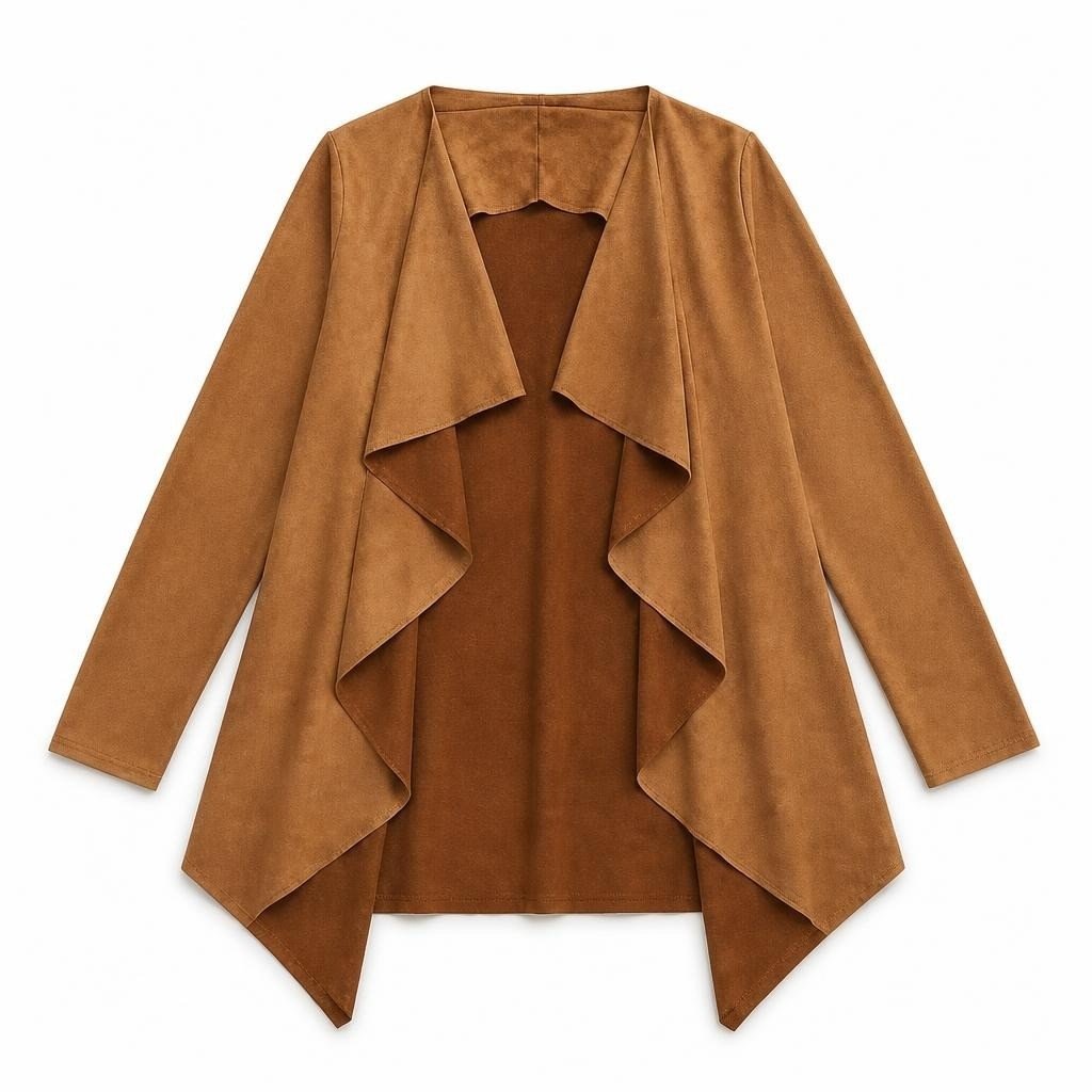 Camel faux suede asymmetric ruffle midi skirt - white studio shot, second-hand at Why Go Less, Dekwaneh, Lebanon