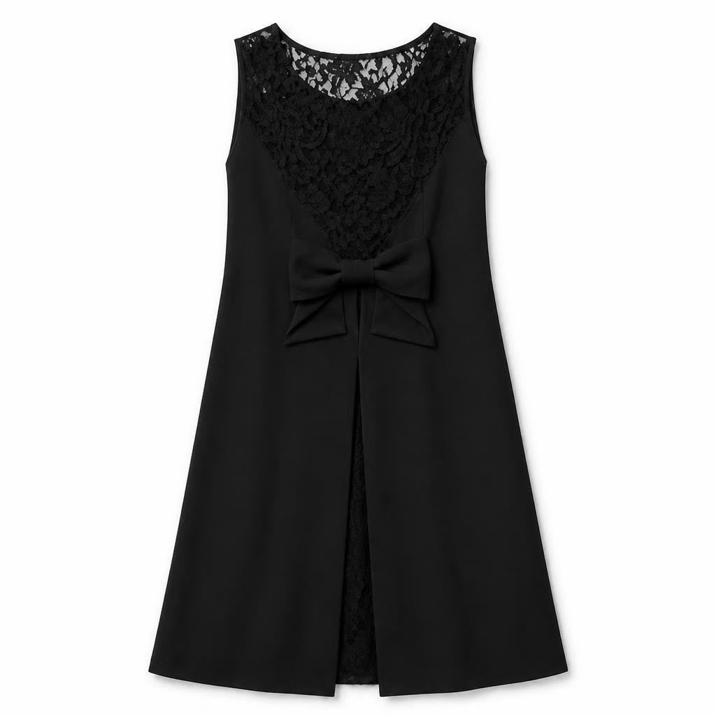 Black lace-top mini dress with bow detail - white studio shot, second-hand at Why Go Less, Dekwaneh, Lebanon