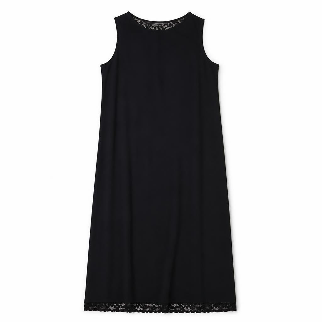 True black sleeveless shift dress, lace trim - white studio shot, second-hand at Why Go Less, Dekwaneh, Lebanon