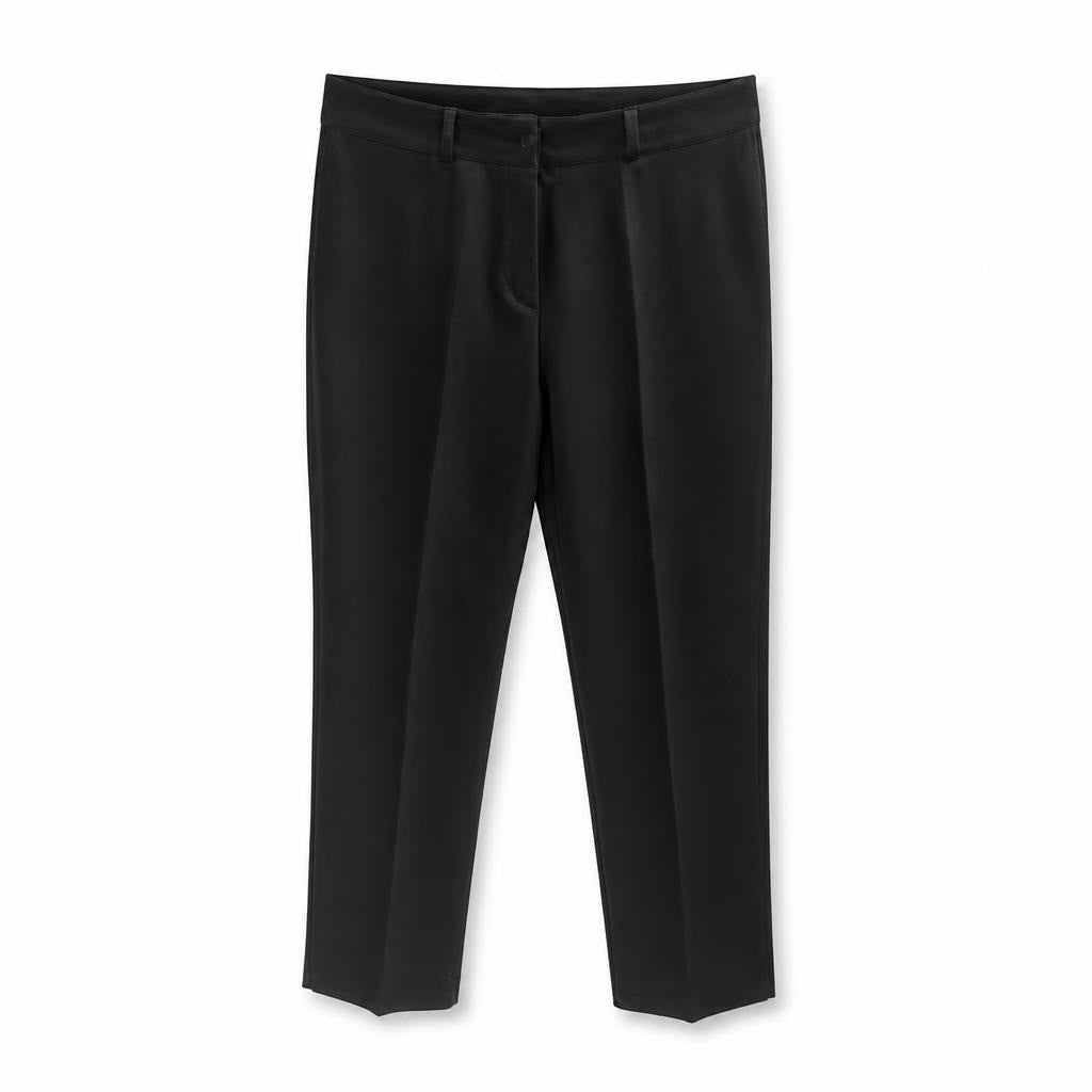 Black straight-leg dress trousers, single button - white studio shot, second-hand at Why Go Less, Dekwaneh, Lebanon