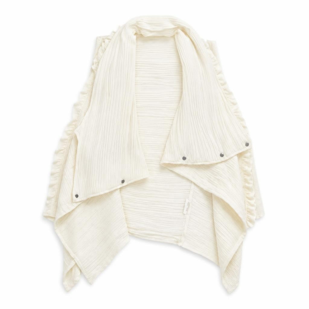 Cream pleated wrap blouse/jacket, snap buttons - white studio shot, second-hand at Why Go Less, Dekwaneh, Lebanon