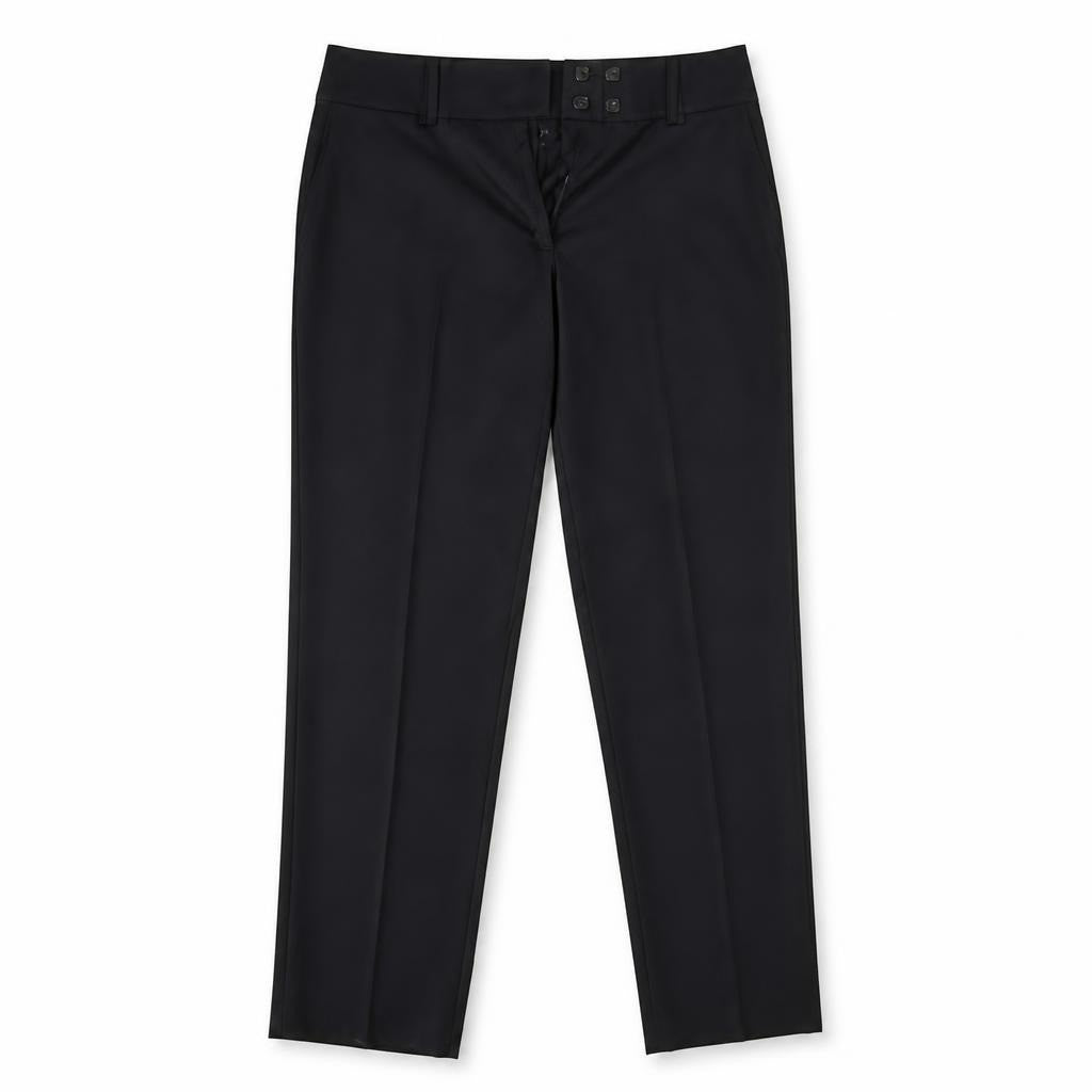 Black high-waist trousers, triple button detail - white studio shot, second-hand at Why Go Less, Dekwaneh, Lebanon