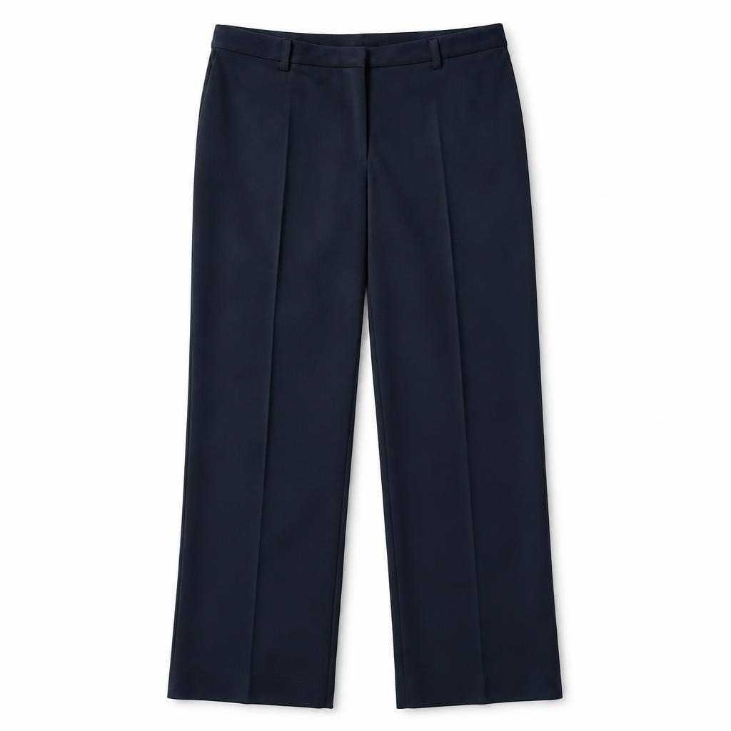 Navy blue straight-leg formal trousers - white studio shot, second-hand at Why Go Less, Dekwaneh, Lebanon